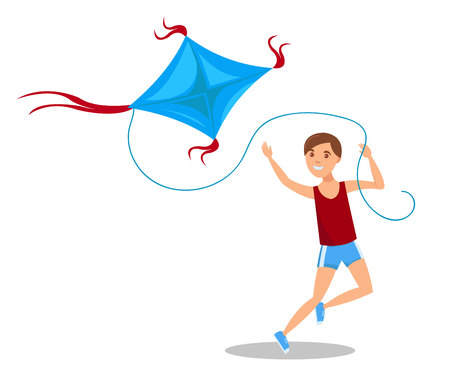 Summer Vacation Outdoor Activities Illustration. Little Son, Brother, Preschooler Having Fun. Boy Running and Play with Kite. Spring Leisure Time, Hobby, Pastime. Happy Childhood, Memoriesのイラスト素材