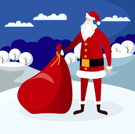 Santa Claus with Huge Red Bag Full of Festive Gifts and Presents on Run to Delivery Christmas Gifts Coming to Town. Xmas or New Year Character in Festive Costume. Cartoon Flat Vector Illustration.のイラスト素材