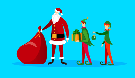 Adorable Christmas Characters Set. Santa Claus with Bag and Elves Isolated on Blue Background. Bundle of Little Santa's Helpers Holding Holiday Gifts and Decorations. Cartoon Flat Vector Illustration.のイラスト素材