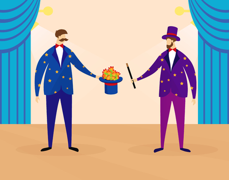 Bearded and Whiskered Magicians Performing Show for Kids on Circus Stage with Illusion Action as Flowers Appearance from Magic Top Hat. Artist Profession, Animators. Cartoon Flat Vector Illustration.のイラスト素材