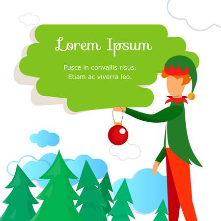 Christmas Elf Character Stand with Decorative Ball in Hand on White Background with Fir Trees and Brush Stroke, Social Media Poster Template, Invitation Cartoon Flat Vector Illustration. Square Bannerのイラスト素材