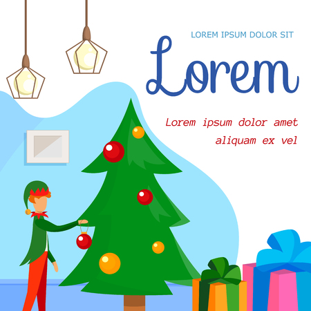 Little Child in Festive Carnival Costume of Cute Dwarf or Elf Decorating Christmas Tree with Balls at Home, Presents Stand Below, Promo Poster, Flyer. Cartoon Flat Vector Illustration. Square Bannerのイラスト素材