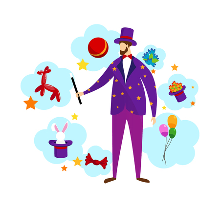 Magician Wearing Stage Costume with Stars, Neck Tie and Top Hat Holding Wand in Hand with Different Magic Items for Entertainment as Rabbit, Balloons, Flowers. Show. Cartoon Flat Vector Illustration.のイラスト素材