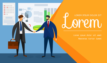 Male Characters in Formal Suit Shaking Hands. Agreement Conclusion in Office between Company Leaders. Banking, Marketing Advertising Promo Template. Cartoon Flat Vector Illustration. Horizontal Bannerのイラスト素材