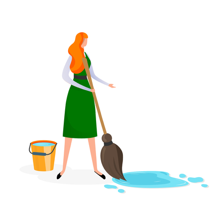 Beautiful Young Redheaded Woman Housewife Character Holding Broom in Hands Washing Floor Isolated on White Background. Bucket Wet Home Cleaning and Homework. Cartoon Flat Vector Illustration. Clip Artのイラスト素材