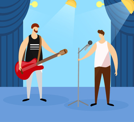 Guitarist and Singer Standing on Stage Illuminated with Spotlights Performing Music Concert. Male Artists Playing an Electric Guitar and Singing to Vintage Microphone. Cartoon Flat Vector Illustrationのイラスト素材