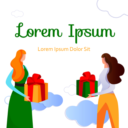 Couple of Young Cute Women with Present Boxes in Hands Stand on White Background with Cloudy Pattern. Festive Template for Poster, Flyer, Greeting Card. Cartoon Flat Vector Illustration. Square Bannerのイラスト素材