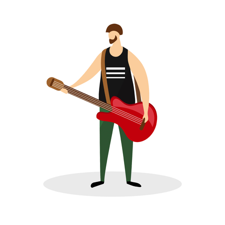 Male Rock Musician Character, Guitarist, Virtuoso Music Player Isolated on White Background. Full Height Young Bearded Man Hold Red Electric Guitar in Hands. Cartoon Flat Vector Illustration, Clip Artのイラスト素材