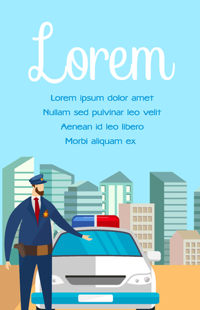 Professional Police Officer and Patrol Car at Work. Man in Police Uniform Standing near Auto with Flashers on Roof. Defense, Order, Law in Metropolis. Cartoon Flat Vector Illustration. Vertical Bannerのイラスト素材