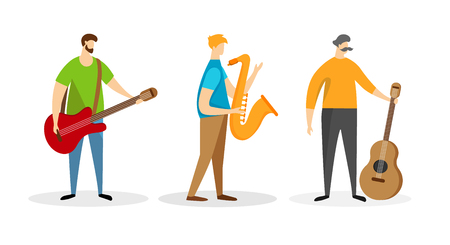 Band of Music Player Male Characters with Electric, Acoustic Guitar and Saxophone Isolated on White Background. Jazz or Blues Musicians Playing Instruments. Cartoon Flat Vector Illustration, Clip Art.のイラスト素材
