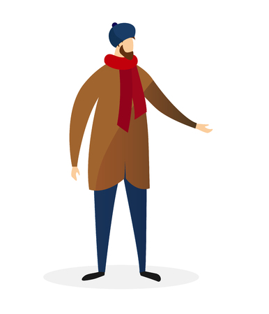 Young Bearded Man Wearing Modern Casual Winter Coat, Knitted Hat with Bubo and Red Scarf Isolated on White Background. Faceless Male Character City Dweller. Cartoon Flat Vector Illustration. Clip Art.のイラスト素材