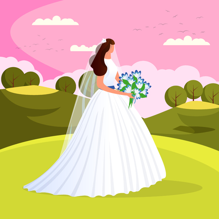 Beautiful Gorgeous Bride with Wedding Flowers Bouquet Stand Outside on Nature Landscape Background. Attractive Newlywed Woman in White Dress. Wedding Day. Marriage. Cartoon Flat Vector Illustration.のイラスト素材