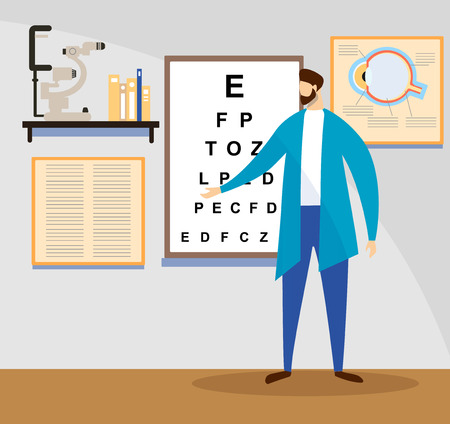 Young Male Doctor Stand at Sight Check Board for Vision Test Pointing on Letters. Medical Ophthalmologist Eyesight Check Up. Ophthalmology Tool for Optometry Room. Cartoon Flat Vector Illustration.のイラスト素材
