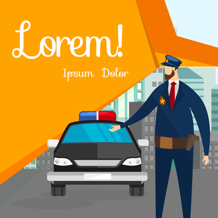 Policeman Stand in Front of Car on City Street. Officer in Uniform with Gun on Belt, Professional Police Character with Handgun. Social Media Template. Cartoon Flat Vector Illustration. Square Banner.のイラスト素材