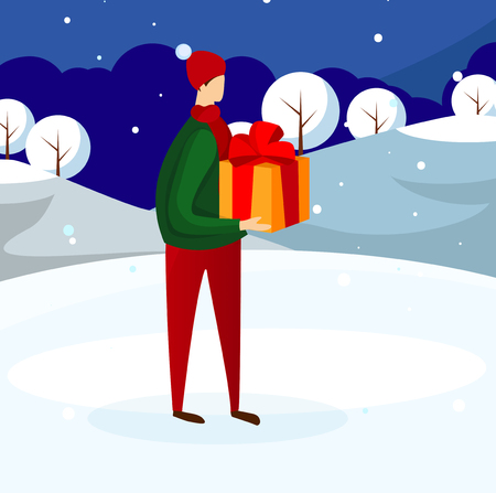 Young Guy Wearing Winter Clothing Holding Big Present Box in Hands on Winter Nighty Landscape Background with Snowy Trees. Faceless Male Character. New Year, Christmas Cartoon Flat Vector Illustrationのイラスト素材