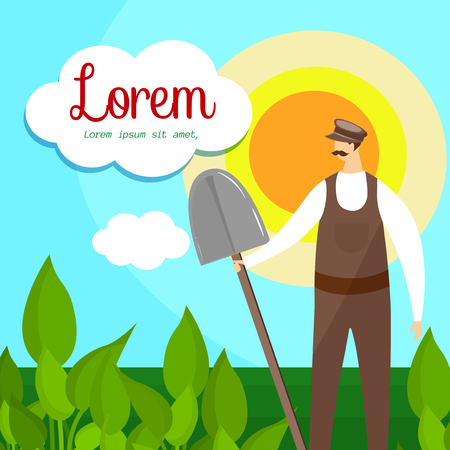 Whiskered Farmer with Shovel in Hand Standing on Green Field in Sunny Day on Cloudy Sky Background. Social Media Template. Eco Products Advertising. Cartoon Flat Vector Illustration. Square Banner.のイラスト素材