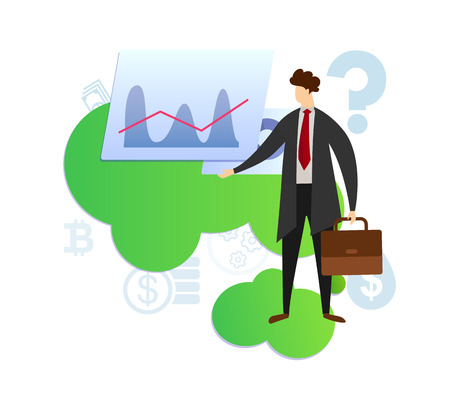Young Businessman Character Wearing Formal Suit Stand on Clouds Pointing with Hand on Growing Graph with Office Icons Around. Business Coach Presentation, Strategy. Cartoon Flat Vector Illustration.のイラスト素材