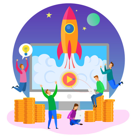 Cartoon People Development Team Successful Startup Launch Company Start Rocket Symbol Vector Illustration. Creative Idea Management Modern Product Mobile Application Financial Investmentのイラスト素材