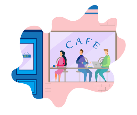People in Cafe Vector Lifestyle Flat Design Cartoon Male Visitors Coworking Having Meeting Man Drinking Coffee Freelancer Working on Laptop Woman Sitting Separately with Cup of Hot Drink Illustrationのイラスト素材