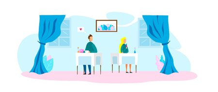 Love at First Sight in Restaurant Flat Banner Romantic Feelings Motivation Man Having Dinner Lose Heart to Beautiful Woman Sitting at Next Table Drinking Wine Start Relationships Vector Illustrationのイラスト素材