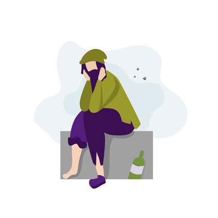 Sad Unemployed Homeless Poor Jobless Man Street Bum Student Professional Worker Social Vector Character Banner Dirty Guy in Tattered Clothes Alcohol Bottle Business Failure Bankruptcy Illustrationのイラスト素材