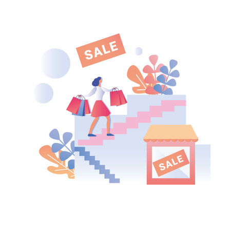 Woman Shopping Day Big Sale Offering Flat Banner Cartoon Girl Character Walking up Stairs Holding Paper Bags Purchase Vector Floral Illustration Promotional Shop Landing Page Black Friday Flyerのイラスト素材