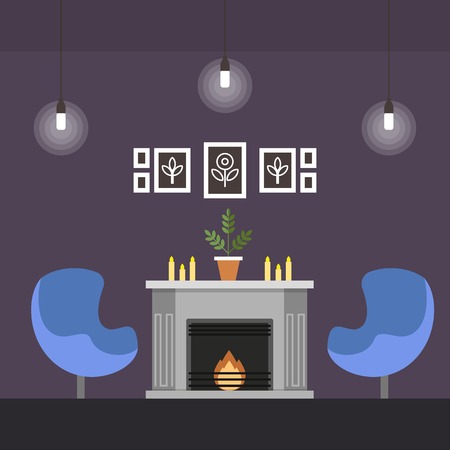 Living Room with Fireplace Coworking Cartoon Flat. For Wealthy People who do not Need Office, But Periodically Need Hold Meetings in Business Setting. Meeting Room with Fireplace and Armchairs.のイラスト素材