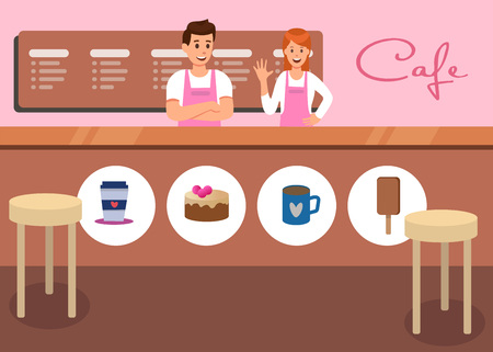 Coffee Shop and Cafe Snack Promotion Vector Flat Banner Woman Man Service Staff Greeting and Waiting for Order Vector Interior Illustration Sweet Decorated Bar Counter Lettering Shop Window and Stoolsのイラスト素材