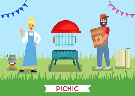 Picnic for Two Advertising BBQ Grill Shop Flat Banner Couple Family Cooking Using Folding Barbeque Equipment Grill Pan Charcoal Travel Mug Mat Vector Happy Recreation Outdoors Text Illustrationのイラスト素材