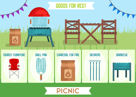 BBQ at Home Gears Accessories Advertising Flat Banner Online Shop Touristic Goods Picnic Outdoors Product Cards Vector Store Illustration Tourist Furniture Grill Pan Charcoal for Fire Skewers Barbecueのイラスト素材