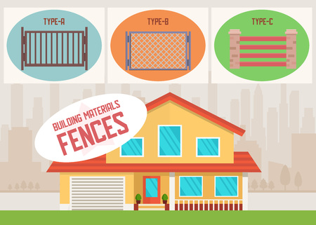 Building Materials Online Shop Fences Product for Sale Flat Banner Vector Illustration with Editable Information about Meshed Metal Bricken Wooden Goods House Exterior and Yard on City Landscapeのイラスト素材