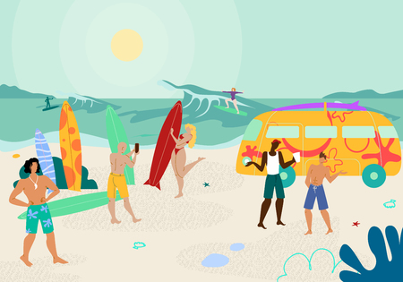 Tropical Beach Party with People Enjoying Hot Summer Time. Young Men and Women Enjoying Surfing Activity at Sandy Seaside with Big Waves. Young Characters Leisure. Cartoon Flat Vector Illustration.のイラスト素材