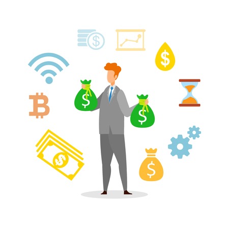 Profitable Business Strategy Vector Illustration. Millionaire, Businessman Holding Money Bags Cartoon Character. Stock Market Trading, Successful Investment. Financial Literacy, Rich Man with Cashのイラスト素材