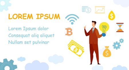 Business Development Help Banner Vector Template. Businessman Holding Light bulb Cartoon Character. Start up Assistance Service. Financial, Analytical Firm Flat Illustration with Text Spaceのイラスト素材