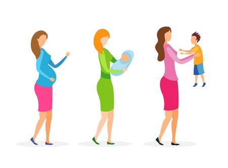 Maternity Stages, Mother Cartoon Characters Set. Pregnancy, Expectant Woman. Young Lady Holding Newborn Baby, Infant. Happy Mom with Little Child, Son. Childcare, Motherhood Isolated Design Elementsのイラスト素材