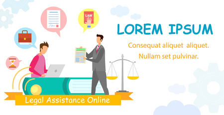 Customer Online Support Service Banner Template. Entrepreneur, Copywriter Cartoon Character Working on Laptop. Lawyer Assistant Workplace, Workspace Illustration. Client Showing Editor Requirementsのイラスト素材