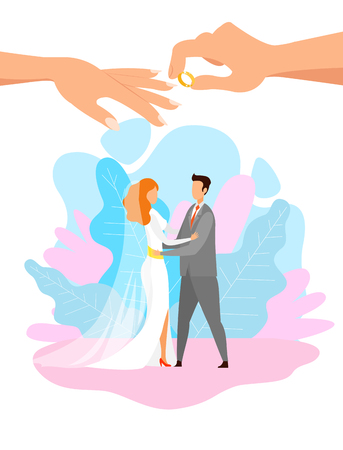 Young Bride and Groom Hugging Flat Characters. Wedding, Marriage Ceremony Celebration Vector Illustration. Diamond Engagement Ring on Finger. Happy Just Married. Wife and Husband in Loveのイラスト素材
