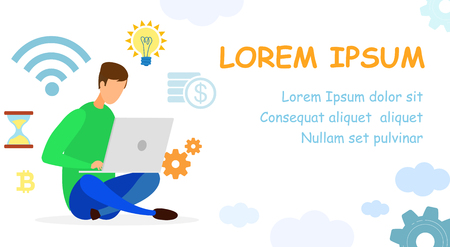 Economics Online Course Web Banner Vector Template. Financier, Financial Consultant Brainstorming Flat Character. Cartoon Student, Pupil, Remote Worker Using Wireless. Hourglass Isolated Illustrationのイラスト素材