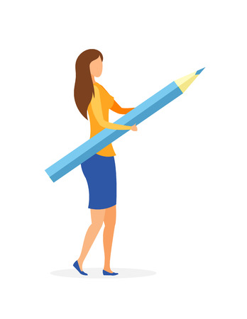 Young Girl with Pencil Flat Vector Illustration. Art School Student in Casual Clothes Cartoon Character. Engineer, Artist Occupation. Lady Holding Stationery Item. Teacher, Architect Professionのイラスト素材