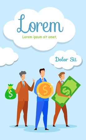 Business Coaching Flyer, Brochure Vector Template. Company Development Web Banner Concept. Businessman Holding Money Cartoon Characters. Professional Teamwork Flat Illustration with Text Spaceのイラスト素材
