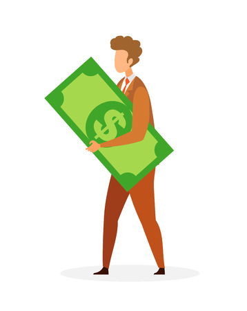 Businessman, Financier Flat Vector Illustration. Rich Man in Suit Holding Banknote Cartoon Character. Successful Entrepreneur, Investor Carrying cash. Professional Banking Service, Money Investmentのイラスト素材