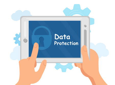 Cryptography, Data Protection Vector Illustration. Privacy Software Flat Banner. Hands Holding Locked Gadget. Padlock Icon on Tablet Screen. Private Information Limited Access, Device with Passwordのイラスト素材