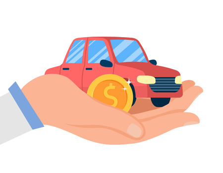 Car Dealership Service Flat Vector Illustration. Salesman Hand Holding Golden Coin and Miniature Sedan. Automobile Shop, Rental. Transport Showroom, Lease Center. Vehicle Insurance Businessのイラスト素材