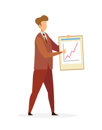 Businessman Pointing at Graph Growth Character. Cartoon Broker, Trader Showing Infographics. Office Worker Explaining Business Strategy. Online Trading, Data Analyst Flat Vector Illustrationのイラスト素材