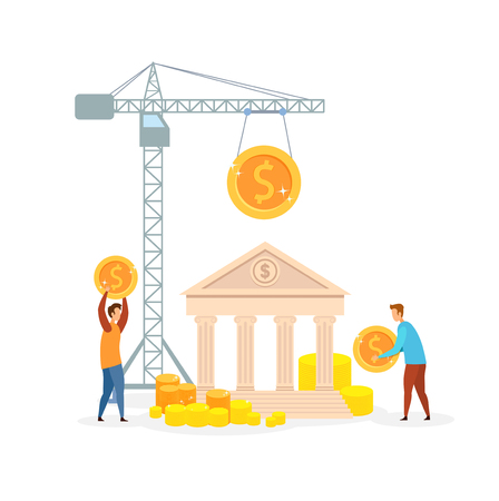 Money Management, Investment Vector Illustration. People Holding Golden Coins Cartoon Characters. Business Development Metaphor. Banking System, Financial Literacy. Lifting Crane, Bank Buildingのイラスト素材