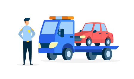 Carrier Evacuating Sedan Flat Vector Illustration. Police Officer in Uniform Cartoon Character. Law Enforcer, Lorry Transporting Automobile. Parking Rules Violation. Tow Truck Transporting Carのイラスト素材