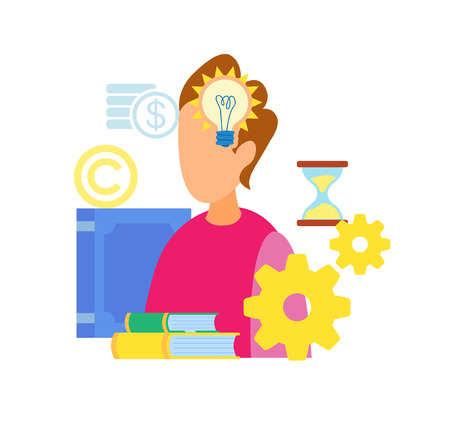 Smart Boy Having Idea Flat Vector Illustration. Genius, Intelligent Guy Thinking. Creative Solution Searching, IQ Test. Cartoon Character Brainstorming. Textbooks Piles. Clever Studentのイラスト素材