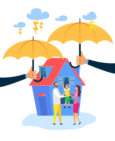 Real Estate Insurance Flat Vector Illustration. Happy Man, Woman and Child Cartoon Characters. Hands Holding Umbrellas, Security Metaphor. Accident, Disaster Protection, Property Safety Assuranceのイラスト素材