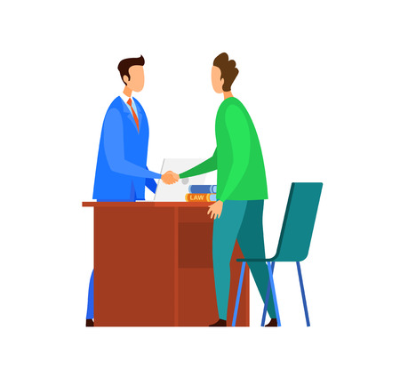Successful Negotiations, Agreement Illustration. Corporate Lawyer and Client Handshaking Flat Vector Characters. Cartoon Advisor and Customer. Business Partnership. Consultant, Attorney Officeのイラスト素材