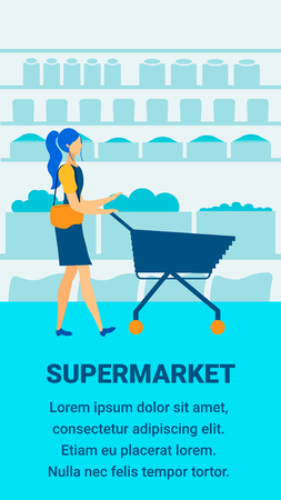 Shopping in Supermarket Vector Poster Template. Grocery Store Promo Flat Typography with Text Space. Cartoon Woman, Girl with Cart, Trolley Choosing Products. Mother, Wife Buying Foodのイラスト素材